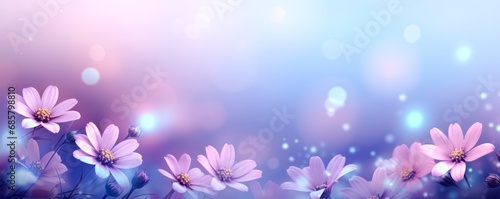 Horizontal purple and pink flowers background. Spring banner for 8 march woman´s day and mother's day, large copy space for text. wallpaper and banner