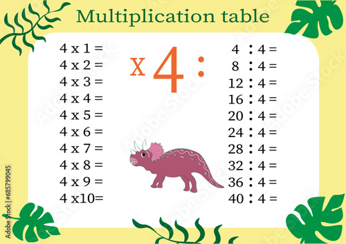 Multiplication table by 4 with a task to consolidate your knowledge of multiplication. Colorful cartoon multiplication table vector for teaching math. Cartoon dinosaurs. EPS10