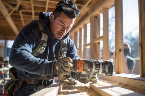 Workers use drills to construct a wooden frame house.