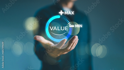 Increase value, growth value, company value added or business growth concept. Businessman show circle  bar info graphic technology background. Sale digital marketing leadership success target photo