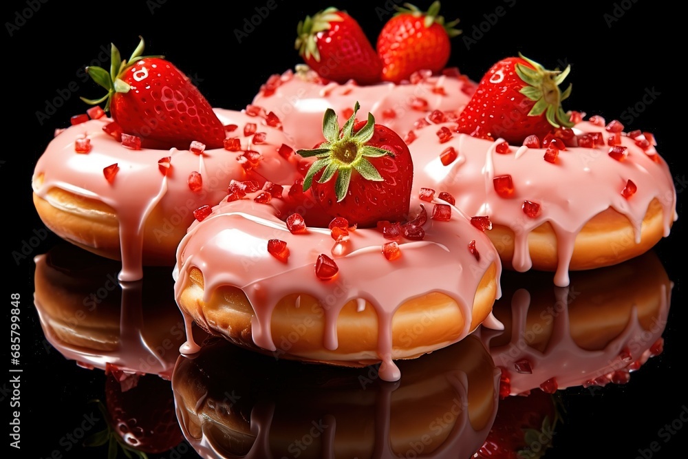 various pink donuts atop strawberries on a black surface, cake with strawberries various pink donuts atop strawberries on a black surface, cake with strawberries