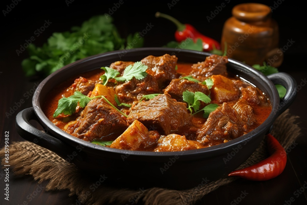 beef curry is in a bowl, stew with vegetables