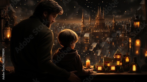 Dad and son look at the fairy-tale city at night
