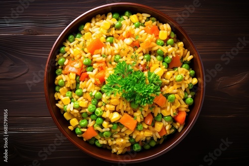 rice with peas and vegetables in a bowl, fried rice with vegetables in a brown bowl