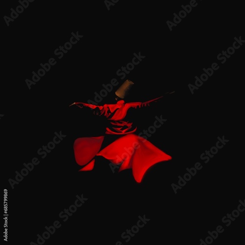 Whirling dervish in red garments on black background photo