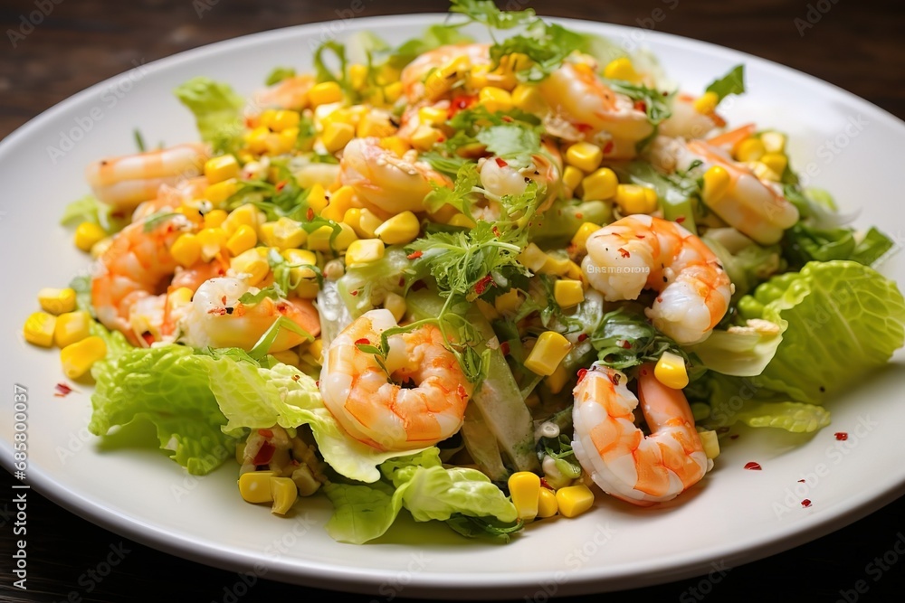 a dish with corn and shrimp mixed with lettuce a dish with corn and shrimp mixed with lettuce