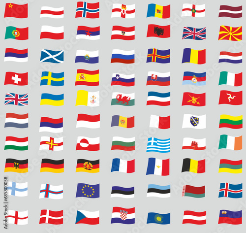 Set waving European flags. Minivalistic illustrations with blue, red, green, black, yellow, etc. colors.
