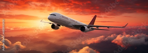 large jet plane flying at sunset 