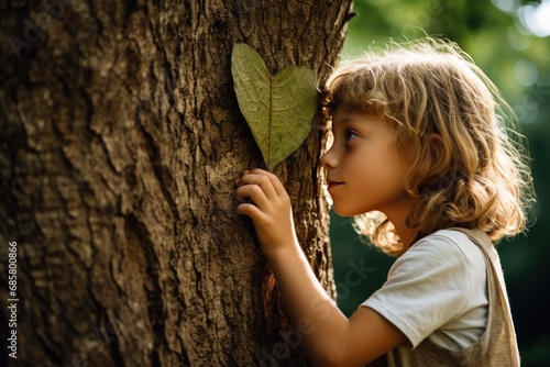 girl hugs with green heart leaf on a tree concept of ecological education