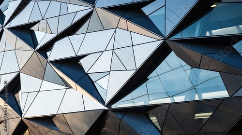 A close-up of a modern architectural fa? section ade with angular patterns in glass and steel