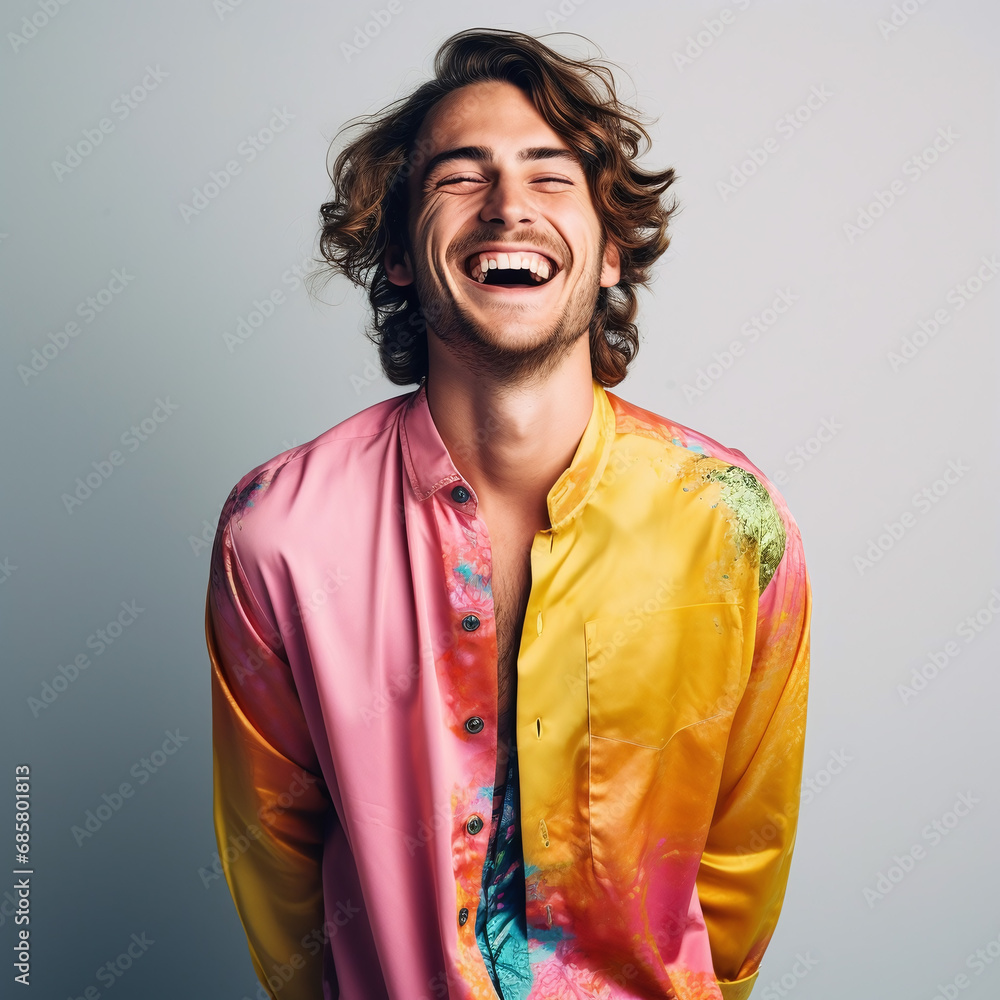 Photo of young handsome man beard happy positive smile dream look empty space isolated over colored background Photo of young handsome man beard happy positive smile dream look empty space isolated over colored background