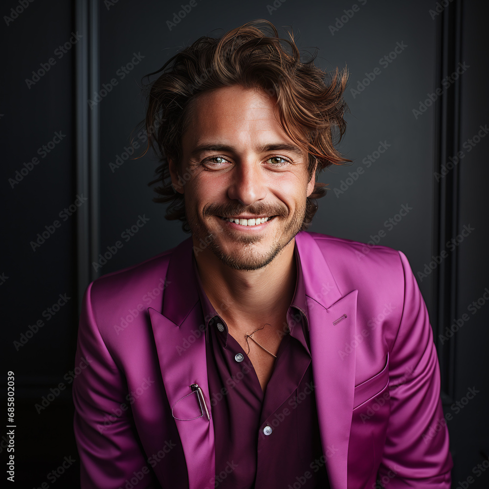Ultra handsome and detailed young elegant man look in camera, smiling and laughing, wear bright and colored clothes, solid light color Ultra handsome and detailed young elegant man look in camera, smiling and laughing, wear bright and colored clothes, solid light color
