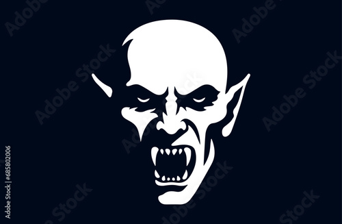 Evil white vampire face on a dark background. Silhouette, logo, print.  vintage retro movie