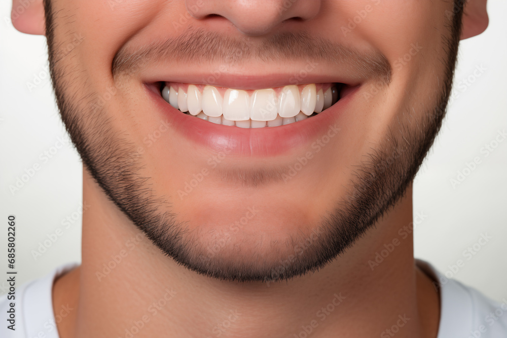 A man's smile after teeth straightening and whitening. The ideal, beautiful shape of the teeth in the upper jaw after installing veneers or braces. Close-up. Patient at a dental orthodontic clinic A man's smile after teeth straightening and whitening. The ideal, beautiful shape of the teeth in the upper jaw after installing veneers or braces. Close-up. Patient at a dental orthodontic clinic