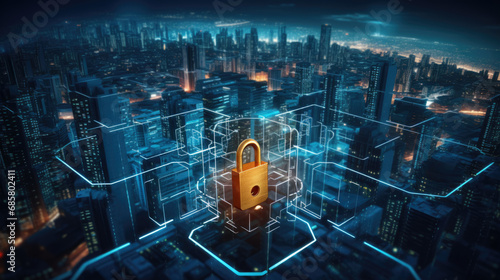 Padlock over glowing abstract city background, cyber security concept banner