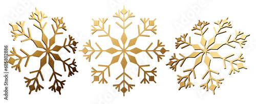 Golden glitter snowflake icons set. 3d realistic Christmas decoration isolated on transparent background. Design element for Christmas.