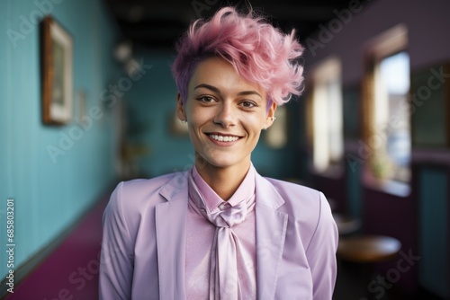 A young man wearing makeup smiles in front of the camera. Transgender concept and LGBTQIA drag queens
