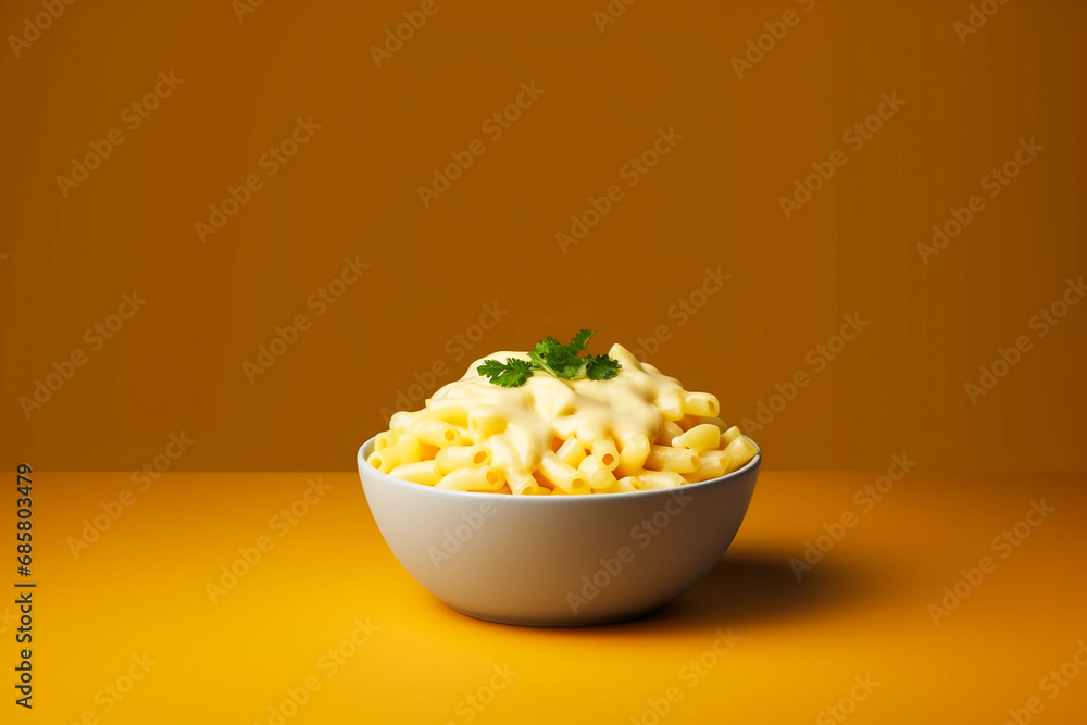 bowl of delicious mac and cheese with floating sauce bowl of delicious mac and cheese with floating sauce