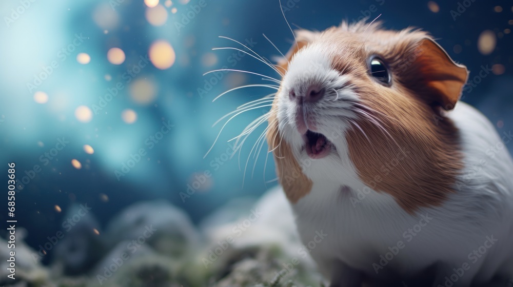 a close up of a brown and white guinea pig with its mouth open and it's