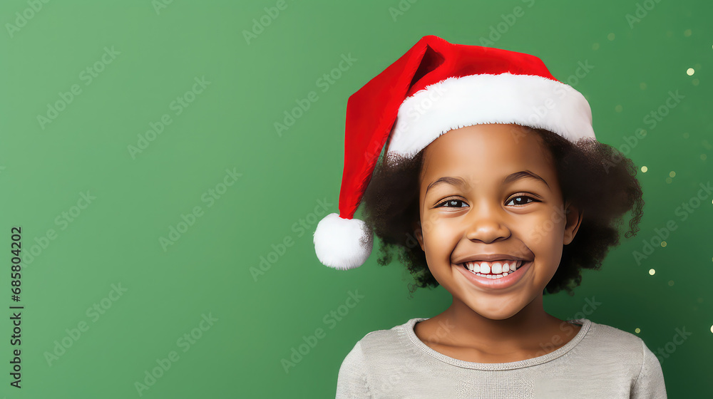 Cute smiling black girl wearing santa hat with green background copy space Cute smiling black girl wearing santa hat with green background copy space