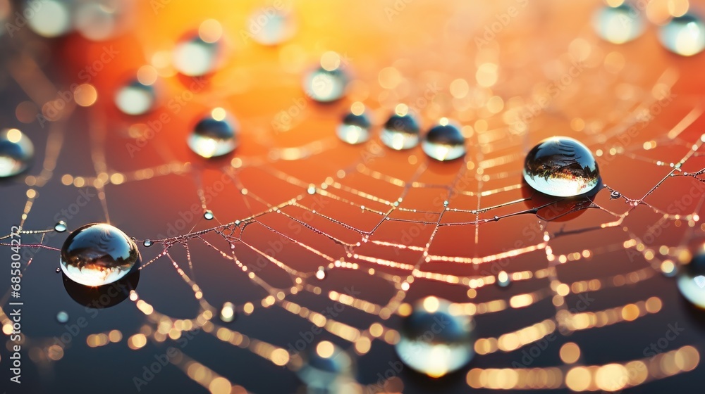 a close up of water droplets on a spider's web with the sun shining in ...