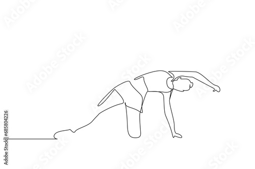young fit woman pilates sport activity poses full body length one line art design