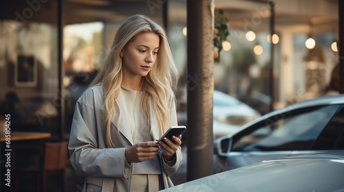 Young woman with smartphone waiting while her electric car charging in home charging station photo