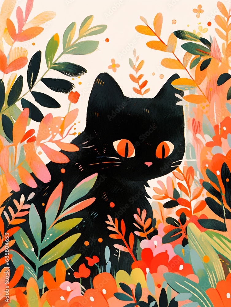 Kid's illustration. Playful black cat in orange themed plants. Illustration for pet lovers and nature enthusiasts, suitable for children books and cards Kid's illustration. Playful black cat in orange themed plants. Illustration for pet lovers and nature enthusiasts, suitable for children books and cards