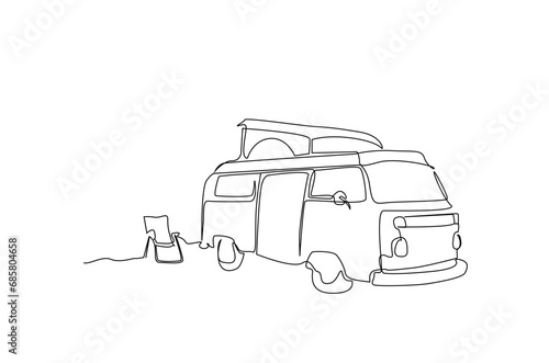 old caravan car nature camping chair relax outdoor activity travel object lifestyle one line art design