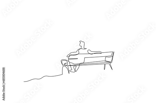 man person sitting alone on bench looking away thinking calm relax one line art design
