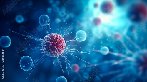 Banner Medical illustration, red cancer cell on blue background photo