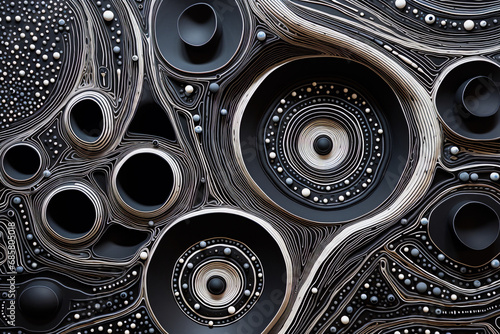 Swirling mechanical patterns with black and silver gradients