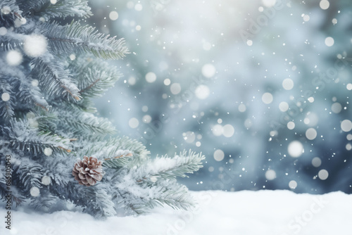 Christmas background with snowy fir tree and snowflakes, bokeh effect