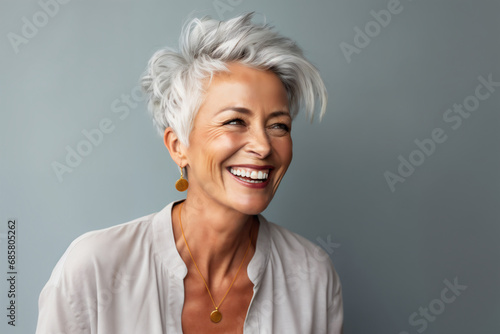 Portrait of a happy senior woman smiling on grey background. Copy space