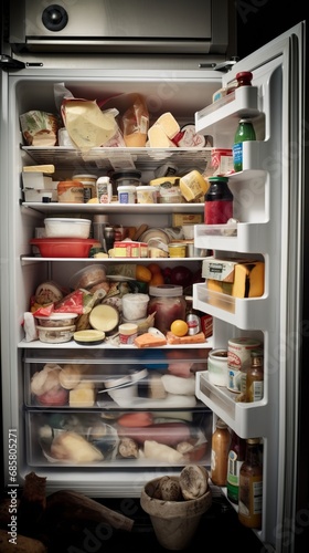 A fridge packed with unhealthy junk food, portraying the concept of poor eating habits, diet deviation, and obesity risk. photo