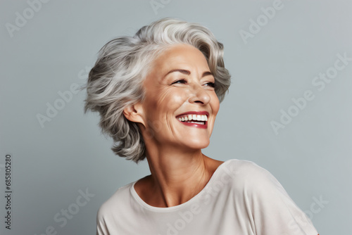 Portrait of a happy senior woman smiling over gray background. Beauty, fashion.