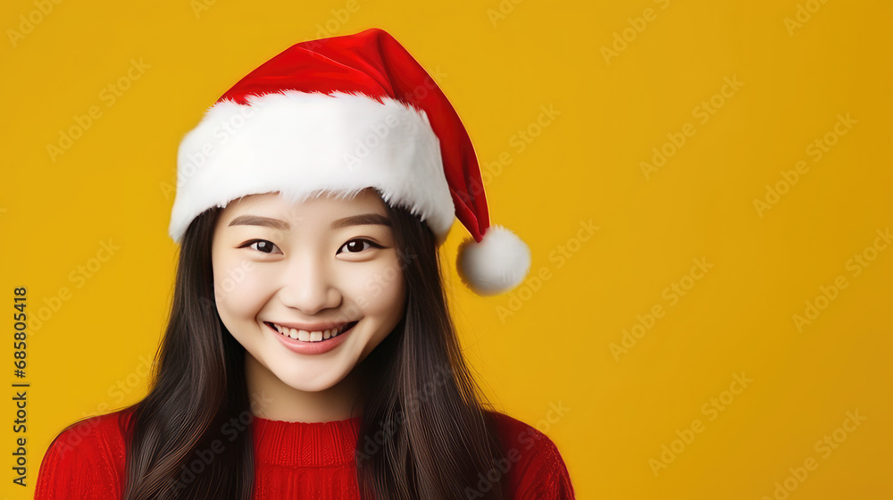 Cute smiling chinese girl wearing Santa hat on yellow background copy space Cute smiling chinese girl wearing Santa hat on yellow background copy space