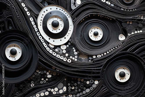 Black mechanical parts and circles in an abstract pattern