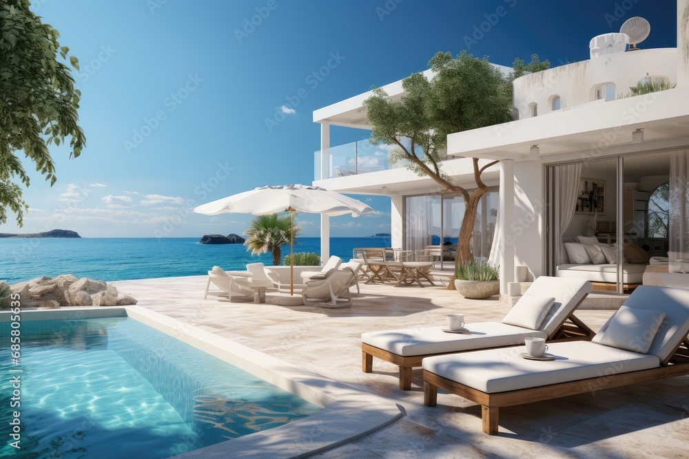 Obraz premium Beautiful landscape with swimming pool terrace on summer hotel resort. Luxury modern vacation home with a swimming pool. Sunbeds, relaxing vacation Mediterranean
