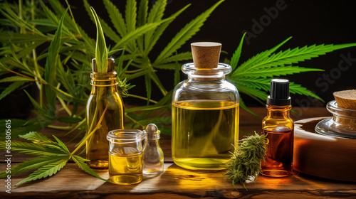 Cannabis CBD oil extracts in jars herb and leaves. Concept medical marijuana in flask