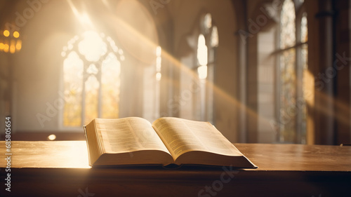 Photographie Open Holy book with ancient bible scripture on wooden desk with sunlight on background church