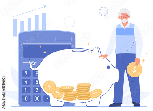 Elderly man collecting money in piggy bank for retirement savings. Concept pension deductions, savings, wealthy retirement.