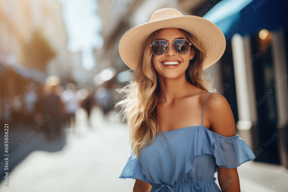 woman wearing hat, glasses and dress light indigo color on the street woman wearing hat, glasses and dress light indigo color on the street