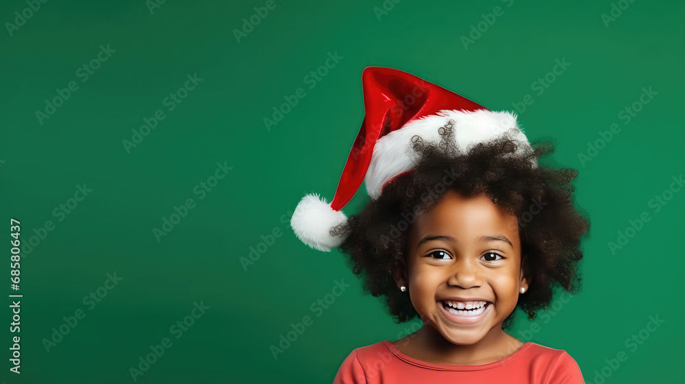 Cute smiling black girl wearing santa hat with green background copy space Cute smiling black girl wearing santa hat with green background copy space