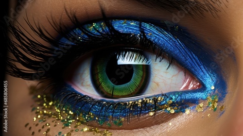  a close up of a person's eye with a blue and green eyeliner and gold glitters on the iris of the eye and the iris of the eye.