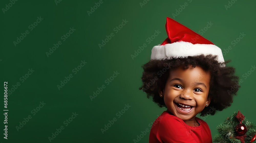 Cute smiling black girl wearing santa hat with green background copy space Cute smiling black girl wearing santa hat with green background copy space