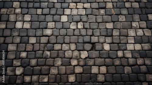 A captivating overhead view of a cobblestone street with a repeating diamond pattern