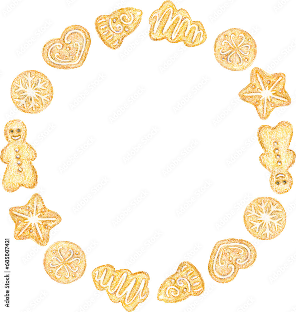 Wreath of Christmas Gingerbread Cookies. Colored Pensils illustration New Years Decoration