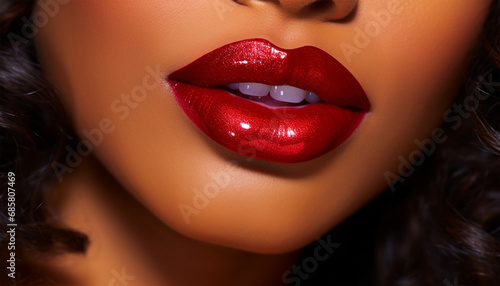 Lipstick Advertisement design African American beauty Sensual woman wearing ruby red lipstick on her lips  holds red gloss  has half of face covered concept of sensuality and cosmetics