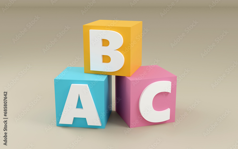 3D render Illustration of the Word abc in colorful Blocks on light Background 3D render Illustration of the Word abc in colorful Blocks on light Background